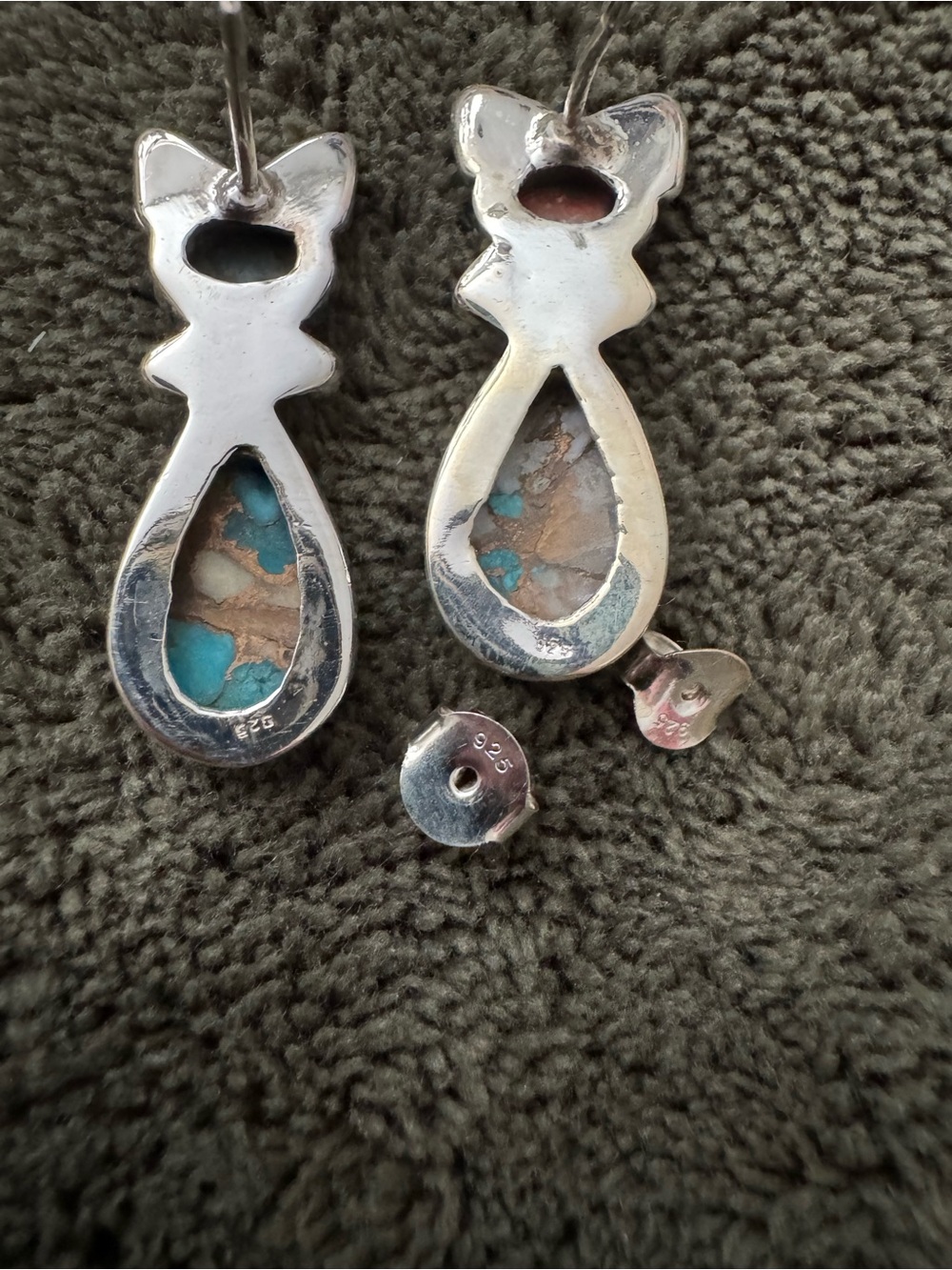 Sterling Silver Cat Earrings with Turquoise and Coral - Picture 4 of 4